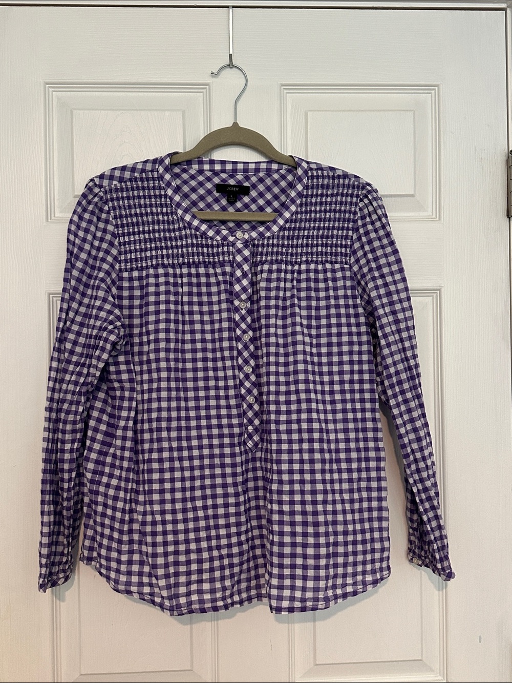 J. Crew Purple and White Gingham Button-Front Blouse with Smocking